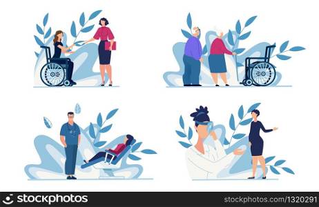 Healthcare and Medical Support for People Having Different Opportunities Cartoon Set. Hiring Disabled Woman, Home Sitting and Nursing for Pensioners, Womens Consultation. Vector Flat Illustration. Healthcare and Medical Support for People Set