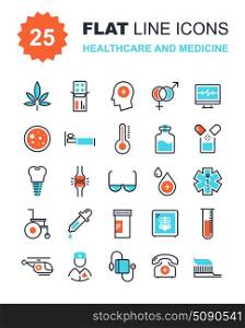 Healthcare and Medicine. Abstract vector collection of flat line healthcare and medicine icons. Elements for mobile and web applications.