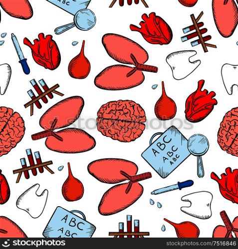 Healthcare and medicine colorful seamless pattern for health theme and medical tests design with blood test tubes and pipettes, human brain and teeth, heart and lungs, visual acuity charts and enemas on white background. Healthcare seamless pattern with objects