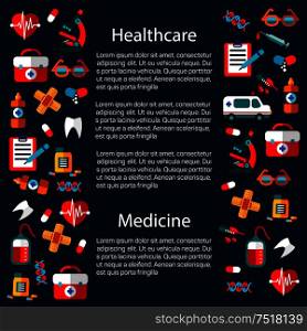 Healthcare and medicine infographic template that includes heart with pulse and tablet or pill, first aid kit and glasses, sticking plaster or adhesive bandage, tooth and DNA, syringe and microscope icons. Healthcare and medicine infographic template