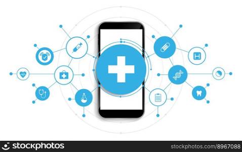 Healthcare and medicine technology with mobile or smartphone. phone screen with medical specialist and icons healthcare, cardiogram. medical video consultation with doctor through phone app. vector.