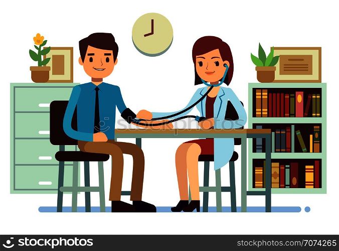 Healthcare and medicine vector concept with doctor checking patients blood pressure. Doctor check pressure patient illustration. Healthcare and medicine vector concept with doctor checking patients blood pressure