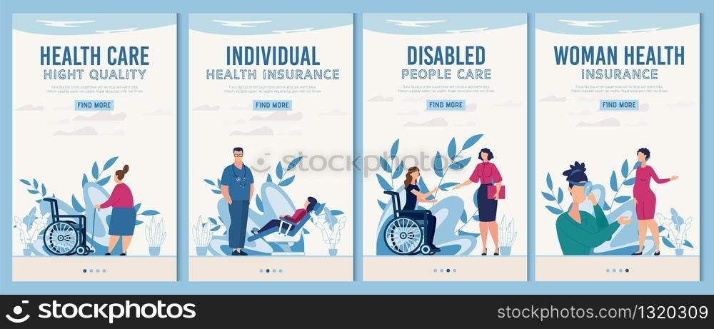 Healthcare and Rehabilitation Mobile Webpages Flat Set. Online Medical Service for Women, Disabled People, Personal Medicare and Health Insurance. Corporate Creative Cover. Vector Cartoon Illustration. Healthcare and Rehabilitation Mobile Webpages Set