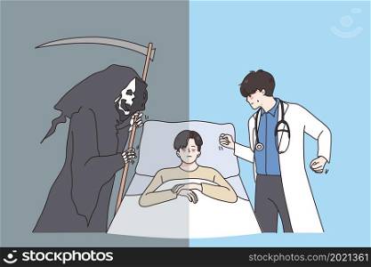Healthcare and struggling for life concept. Young ill man lying in hospital with young man doctor knocking on his pillow and death asking for him vector illustration . Healthcare and struggling for life concept.