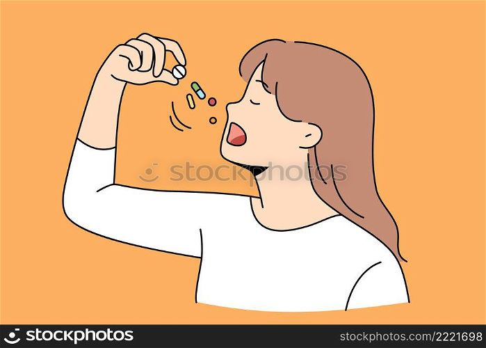Healthcare and taking drugs vitamins concept. Portrait of young lady taking some pills or vitamins for feeling healthy and positive vector illustration . Healthcare and taking drugs vitamins concept.