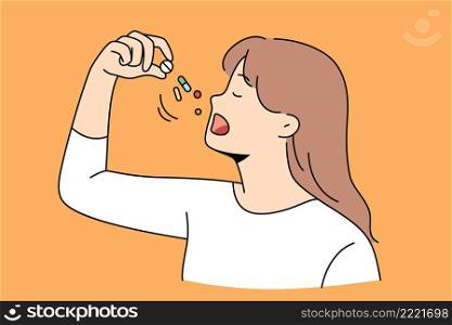 Healthcare and taking drugs vitamins concept. Portrait of young lady taking some pills or vitamins for feeling healthy and positive vector illustration . Healthcare and taking drugs vitamins concept.