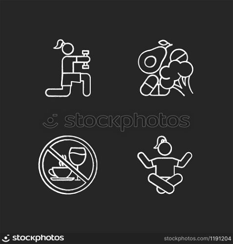 Healthcare chalk icons set. Physical exercise. Vitamin intake, vegetables. Alcohol and caffeine refusal. Meditation, yoga practice. Fitness and workout. Isolated vector chalkboard illustrations