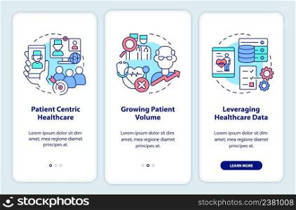 Healthcare challenges onboarding mobile app screen. Patient centric care walkthrough 3 steps graphic instructions pages with linear concepts. UI, UX, GUI template. Myriad Pro-Bold, Regular fonts used. Healthcare challenges onboarding mobile app screen