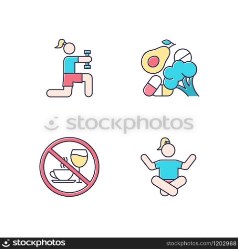 Healthcare color icons set. Physical exercise. Vitamin intake, vegetables. Alcohol and caffeine refusal. Meditation, yoga practice. Fitness and workout. Isolated vector illustrations