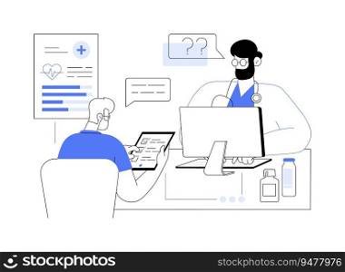 Healthcare data collection abstract concept vector illustration. Doctor with stethoscope deals with patient survey, epidemiological forecasting, medical statistics and report abstract metaphor.. Healthcare data collection abstract concept vector illustration.
