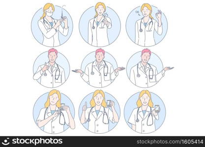 Healthcare, doctor, medicine, injection, medical exam concept. Young men and women doctors cartoon characters showing different sign and gestures with hands, holding syringe and medical exam jar. Healthcare, doctor, medicine, injection, medical exam concept