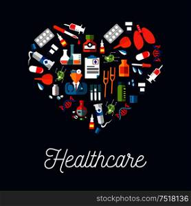 Healthcare equipment icons shaped as heart. Doctor or medic with stethoscope, dropper or pipette dropping blood, DNA and crutch or spike, tablet or pill, salve and enema or clyster. . Healthcare equipment icons shaped as heart