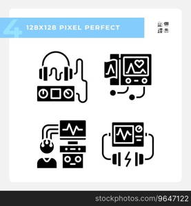 Healthcare equipment pixel perfect black glyph icons set on white space. Hospital machines. Medical occupation. Patient care. Silhouette symbols. Solid pictogram pack. Vector isolated illustration. Healthcare equipment pixel perfect black glyph icons set on white space