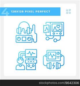 Healthcare equipment pixel perfect gradient linear vector icons set. Hospital machines. Medical occupation. Thin line contour symbol designs bundle. Isolated outline illustrations collection. Healthcare equipment pixel perfect gradient linear vector icons set