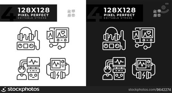Healthcare equipment pixel perfect linear icons set for dark, light mode. Hospital machines. Medical occupation. Thin line symbols for night, day theme. Isolated illustrations. Editable stroke. Healthcare equipment pixel perfect linear icons set for dark, light mode