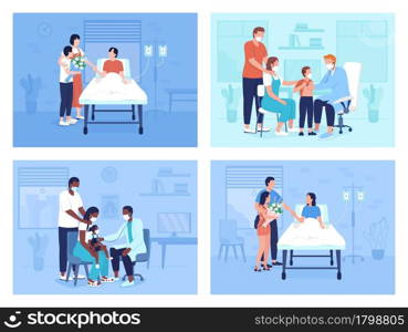 Healthcare facilities flat color vector illustrations set. Diagnostic, treatment services. Providing health care for patients 2D cartoon characters collection with hospital environment on background. Healthcare facilities flat color vector illustrations set