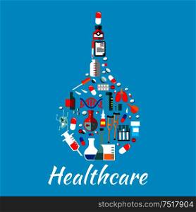 Healthcare flat icons composing a symbol of enema with pills and capsules, laboratory flasks and test tubes, medicine bottles and syringes, DNA and lungs, medical checkup form and crutches. Medical enema symbol with healthcare flat icons