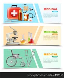 Healthcare Flat Medical Horizontal Banners Set . Healthcare online 3 medical horizontal banners set with lab electronic microscope wheelchair and crutches isolated background vector illustration