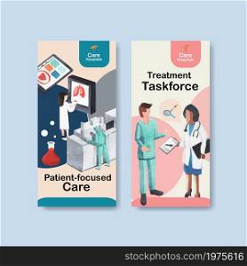 healthcare flyer design with Medical equipment and medical staff banners with highly technological devices doctors and patients vector illustration