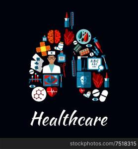 Healthcare icons arranged into a human lungs with doctor, heart, brain, eyes, pills, medication bottle, syringe, thermometer, blood test tube, bacteria and molecule, baby ultrasound, x-ray scan. Healthcare icons in a shape of human lungs