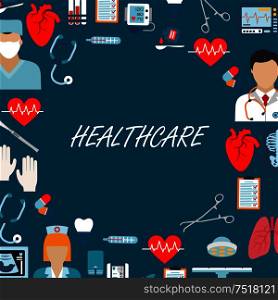 Healthcare icons for operating or emergency, surgery room in hospital or clinic. Doctor or physician, medical or nurse in masks, pills or tablets, skeleton and lungs, heart and heartbeat, sphygmomanometer and thermometer, stethoscope and flasks. Health care icons for operating room