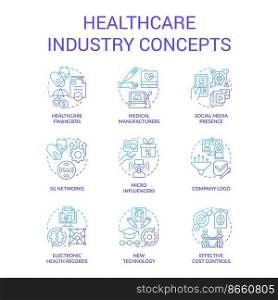 Healthcare industry blue gradient concept icons set. Clinical services. Life science. Medical sector idea thin line color illustrations. Isolated symbols. Roboto-Medium, Myriad Pro-Bold fonts used. Healthcare industry blue gradient concept icons set