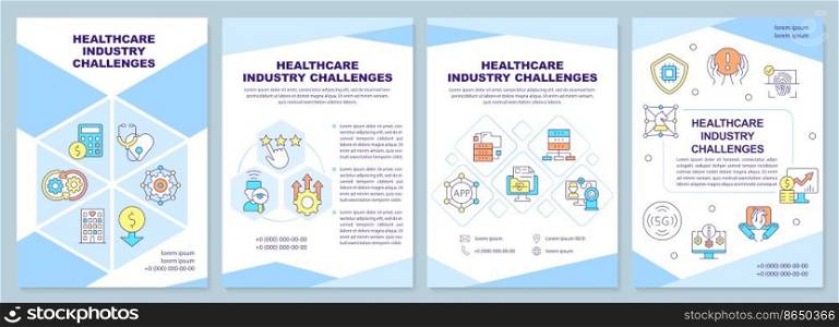 Healthcare industry challenges brochure template. Leaflet design with linear icons. Editable 4 vector layouts for presentation, annual reports. Arial-Black, Myriad Pro-Regular fonts used. Healthcare industry challenges brochure template