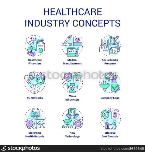 Healthcare industry concept icons set. Clinical services. Life science. Medical sector idea thin line color illustrations. Isolated symbols. Editable stroke. Roboto-Medium, Myriad Pro-Bold fonts used. Healthcare industry concept icons set