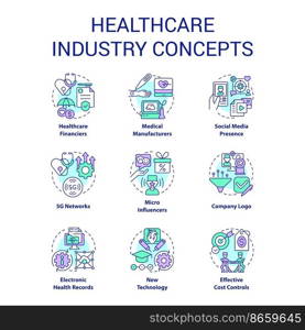 Healthcare industry concept icons set. Clinical services. Life science. Medical sector idea thin line color illustrations. Isolated symbols. Editable stroke. Roboto-Medium, Myriad Pro-Bold fonts used. Healthcare industry concept icons set