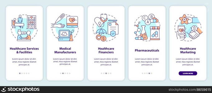 Healthcare industry key segments onboarding mobile app screen. Walkthrough 5 steps editable graphic instructions with linear concepts. UI, UX, GUI template. Myriad Pro-Bold, Regular fonts used. Healthcare industry key segments onboarding mobile app screen