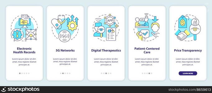 Healthcare industry trends onboarding mobile app screen. Walkthrough 5 steps editable graphic instructions with linear concepts. UI, UX, GUI template. Myriad Pro-Bold, Regular fonts used. Healthcare industry trends onboarding mobile app screen