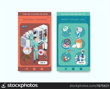 healthcare instagram template design with Medical equipment and medical staff and highly technological devices doctors and patients watercolor illustration