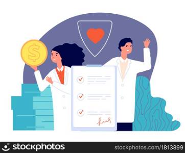 Healthcare insurance. Health policy, medical security service for money. Hospital doctors, life protect business plan vector illustration. Insurance medical, document protection and security health. Healthcare insurance. Health policy, medical security service for money. Hospital doctors, life protect business plan vector illustration