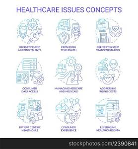 Healthcare issues blue gradient concept icons set. Expanding telehealth idea thin line color illustrations. Managing medicare. Isolated symbols. Roboto-Medium, Myriad Pro-Bold fonts used. Healthcare issues blue gradient concept icons set