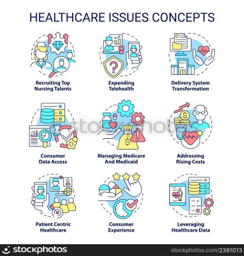 Healthcare issues concept icons set. Expanding telehealth idea thin line color illustrations. Managing medicare. Isolated symbols. Editable stroke. Roboto-Medium, Myriad Pro-Bold fonts used. Healthcare issues concept icons set