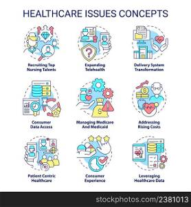 Healthcare issues concept icons set. Expanding telehealth idea thin line color illustrations. Managing medicare. Isolated symbols. Editable stroke. Roboto-Medium, Myriad Pro-Bold fonts used. Healthcare issues concept icons set