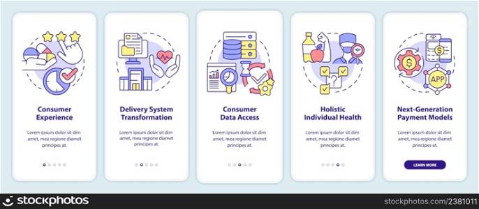 Healthcare issues onboarding mobile app screen. Holistic medicine walkthrough 5 steps graphic instructions pages with linear concepts. UI, UX, GUI template. Myriad Pro-Bold, Regular fonts used. Healthcare issues onboarding mobile app screen