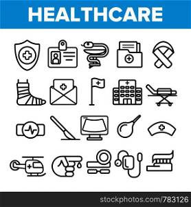 Healthcare Linear Vector Icons Set. Healthcare Thin Line Contour Symbols. Ambulance, First Aid Pictograms Collection. Medical Assistance, Health Insurance. Hospital Treatment Outline Illustrations. Healthcare Linear Vector Icons Set Thin Pictogram
