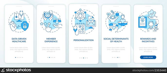 Healthcare macro trends blue onboarding mobile app screen. Medical care walkthrough 5 steps graphic instructions pages with linear concepts. UI, UX, GUI template. Myriad Pro-Bold, Regular fonts used. Healthcare macro trends blue onboarding mobile app screen