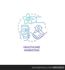 Healthcare market research blue gradient concept icon. Brand awareness. Promoting medical services abstract idea thin line illustration. Isolated outline drawing. Myriad Pro-Bold font used . Healthcare market research blue gradient concept icon