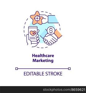 Healthcare marketing concept icon. Brand awareness. Promoting medical services abstract idea thin line illustration. Isolated outline drawing. Editable stroke. Arial, Myriad Pro-Bold fonts used . Healthcare marketing concept icon