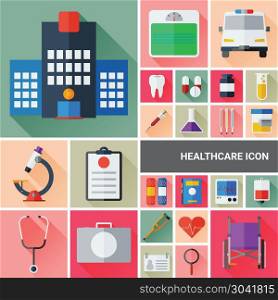Healthcare & Medic icon set collection with flat and long shadow design