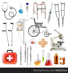 Healthcare Medical Accessories Flat Icons Set. Healthcare medical accessories and equipment flat icons collection with walking aids crutches and scalpel isolated vector illustration