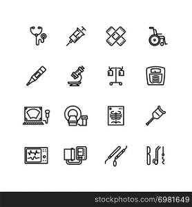 Healthcare medical equipment and hospital line vector icons. Microscope and syringe, dropper and x-ray, thermometer and ultrasound medical equipment illustration. Healthcare medical equipment and hospital line vector icons