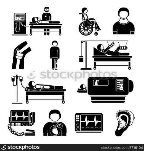 Healthcare medical heart pacemaker artificial kidney dialyze system monitoring technology graphic icons collection abstract isolated vector illustration