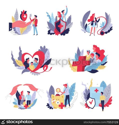 Healthcare medical insurance individual and family pack isolated icons vector health security medicine service emergency treatment payment human heart and cross document and hands parents and child. Medical insurance individual and family pack isolated icons