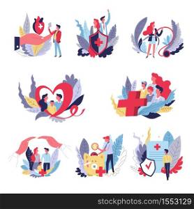 Healthcare medical insurance individual and family pack isolated icons vector health security medicine service emergency treatment payment human heart and cross document and hands parents and child. Medical insurance individual and family pack isolated icons