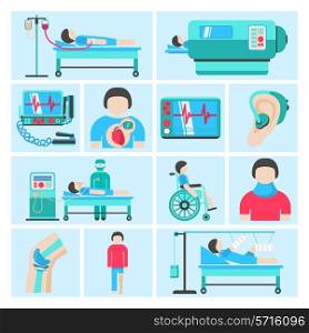 Healthcare medical patient respiratory monitoring apparatus life support infuse system flat icons set abstract isolated vector illustration