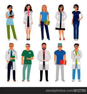 Healthcare medical team workers isolated on white background. Smiling doctors and nurses in uniform for health care projects. Vector illustration. Healthcare medical team workers