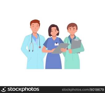 Healthcare medicine and doctors concept. Group of hospital medical staff standing together. Male and female medicine workers. Flat vector illustration